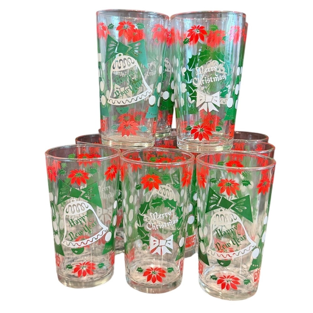Vintage Christmas New Year Drinking Glasses Set 13 Poinsettia Tree Bell Tumblers